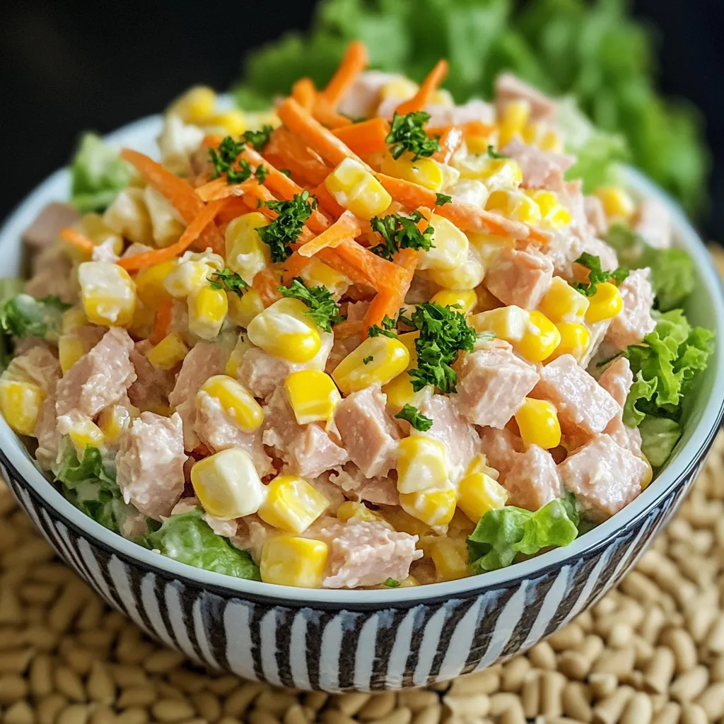 Plato de ensalada de atún con pasta, zanahoria, elote y lechuga servido en un bol de vidrio