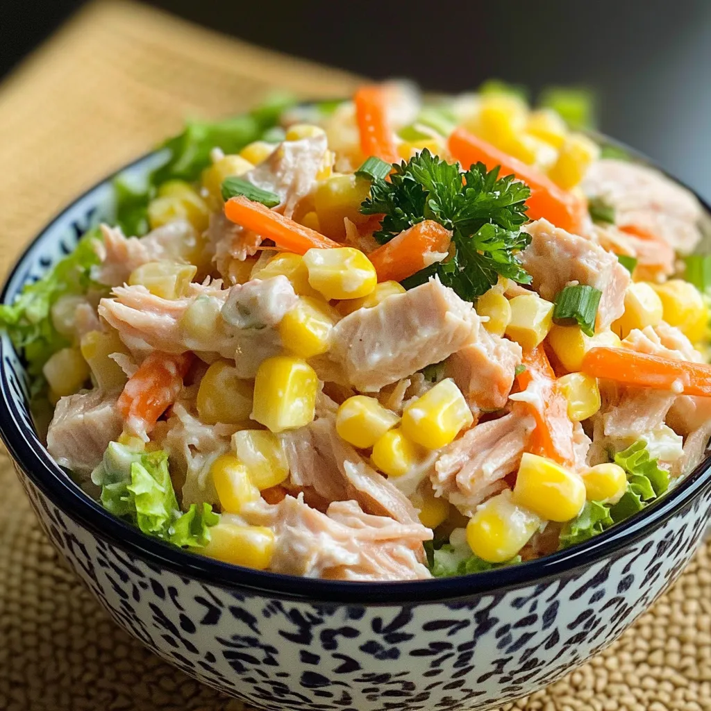Plato de ensalada de atún con pasta, zanahoria, elote y lechuga servido en un bol de vidrio