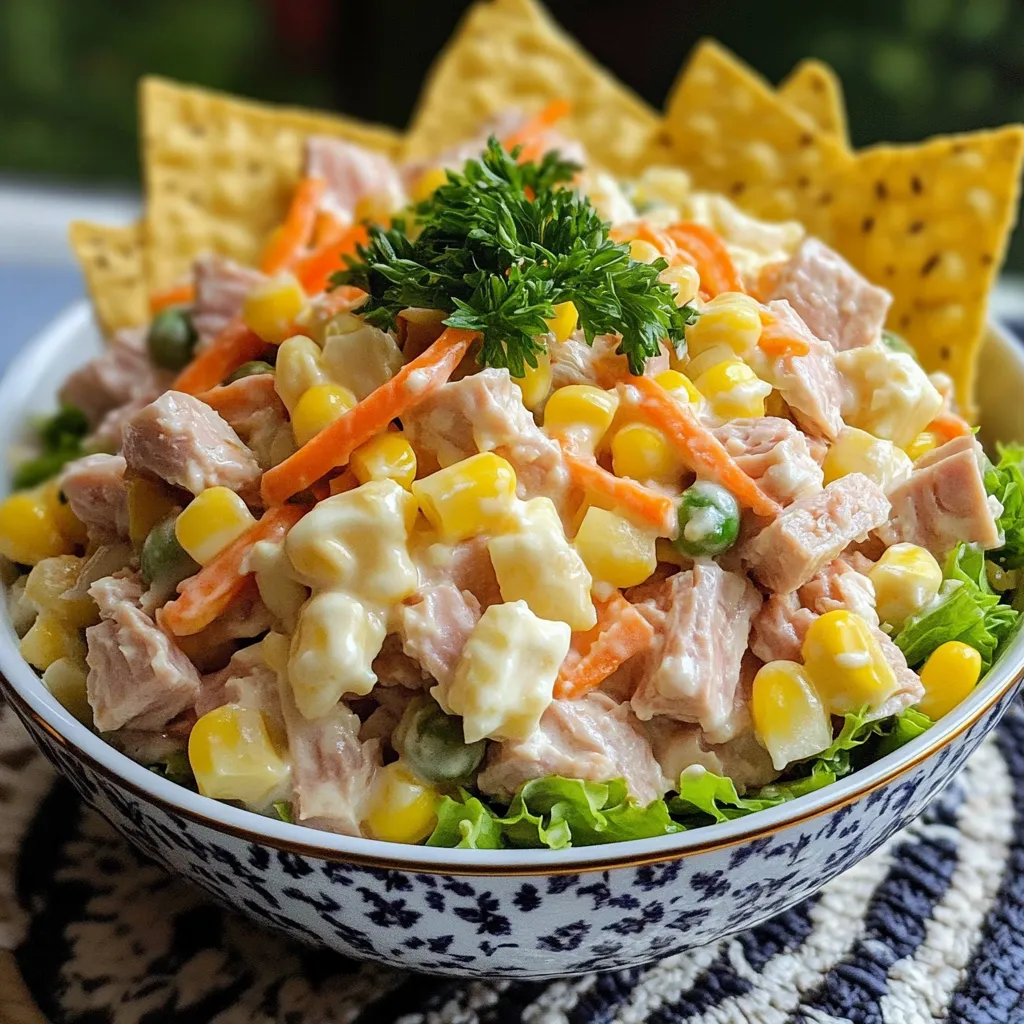 Plato de ensalada de atún con pasta, zanahoria, elote y lechuga servido en un bol de vidrio