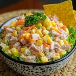 Plato de ensalada de atún con pasta, zanahoria, elote y lechuga servido en un bol de vidrio