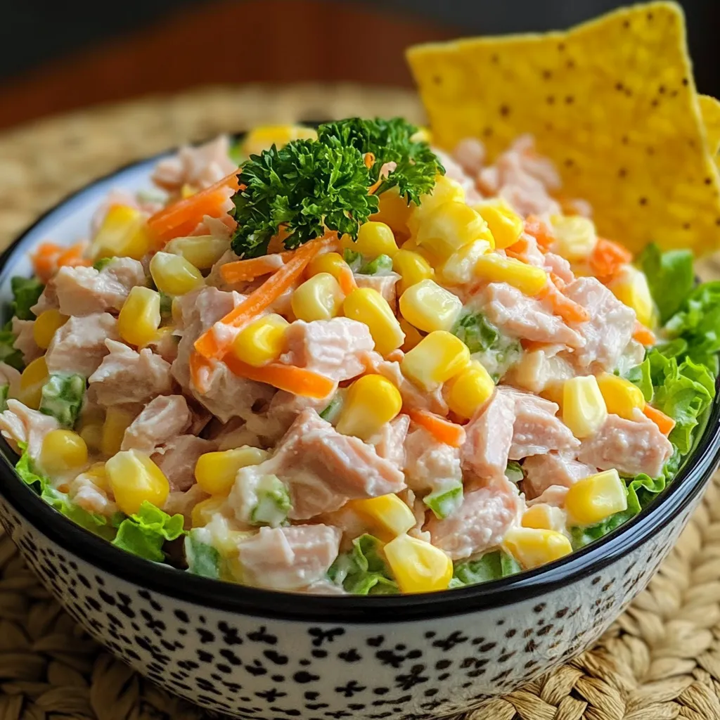 Plato de ensalada de atún con pasta, zanahoria, elote y lechuga servido en un bol de vidrio