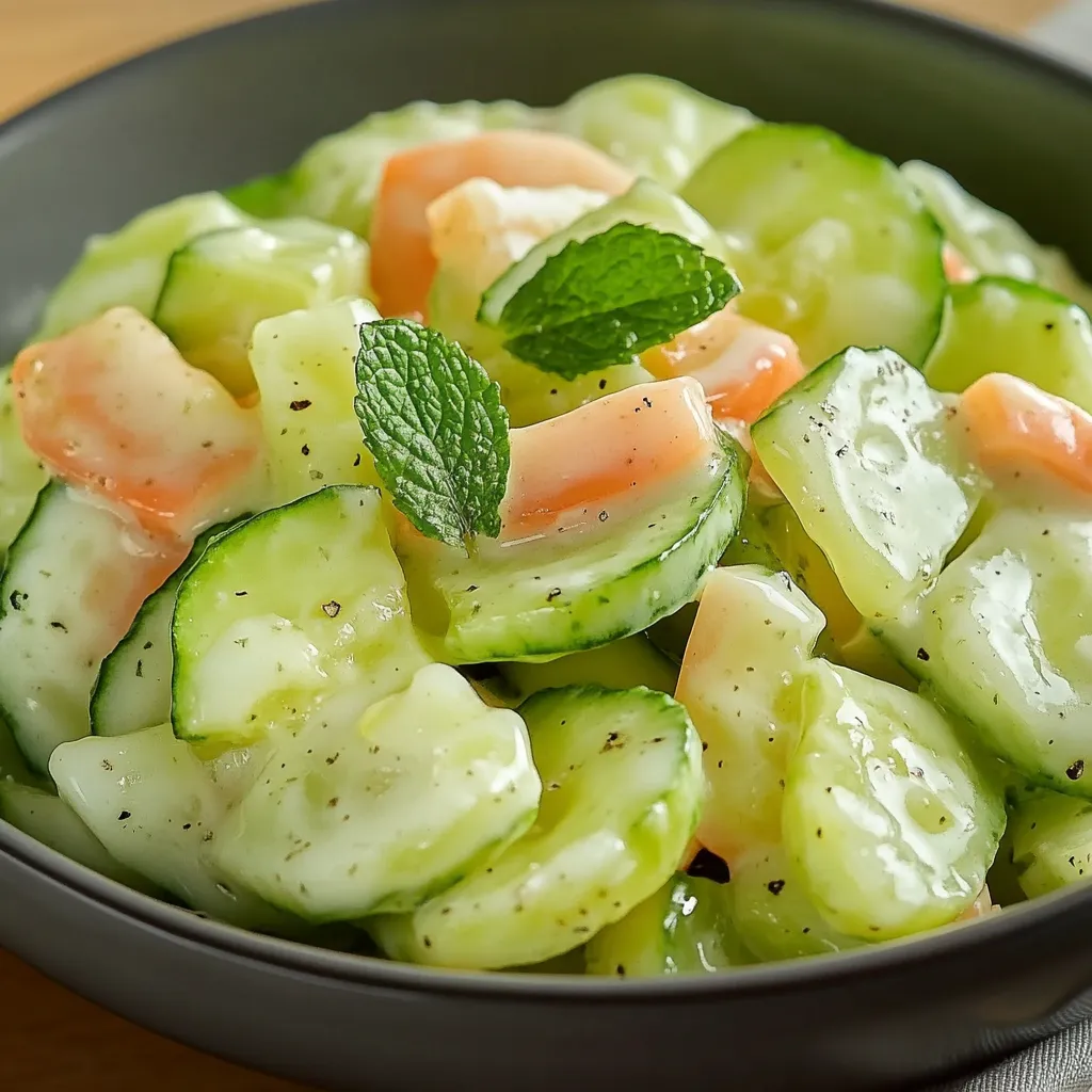 Ensalada de pepino servida en bol blanco con salsa de yogur y eneldo espolvoreado