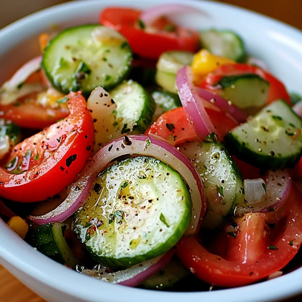 Ensalada de pepino, cebolla morada y tomate servida fría