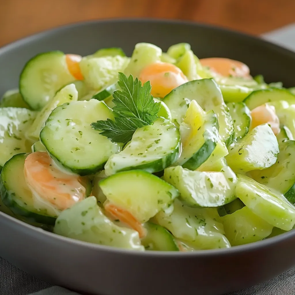 Ensalada de pepino servida en bol blanco con salsa de yogur y eneldo espolvoreado