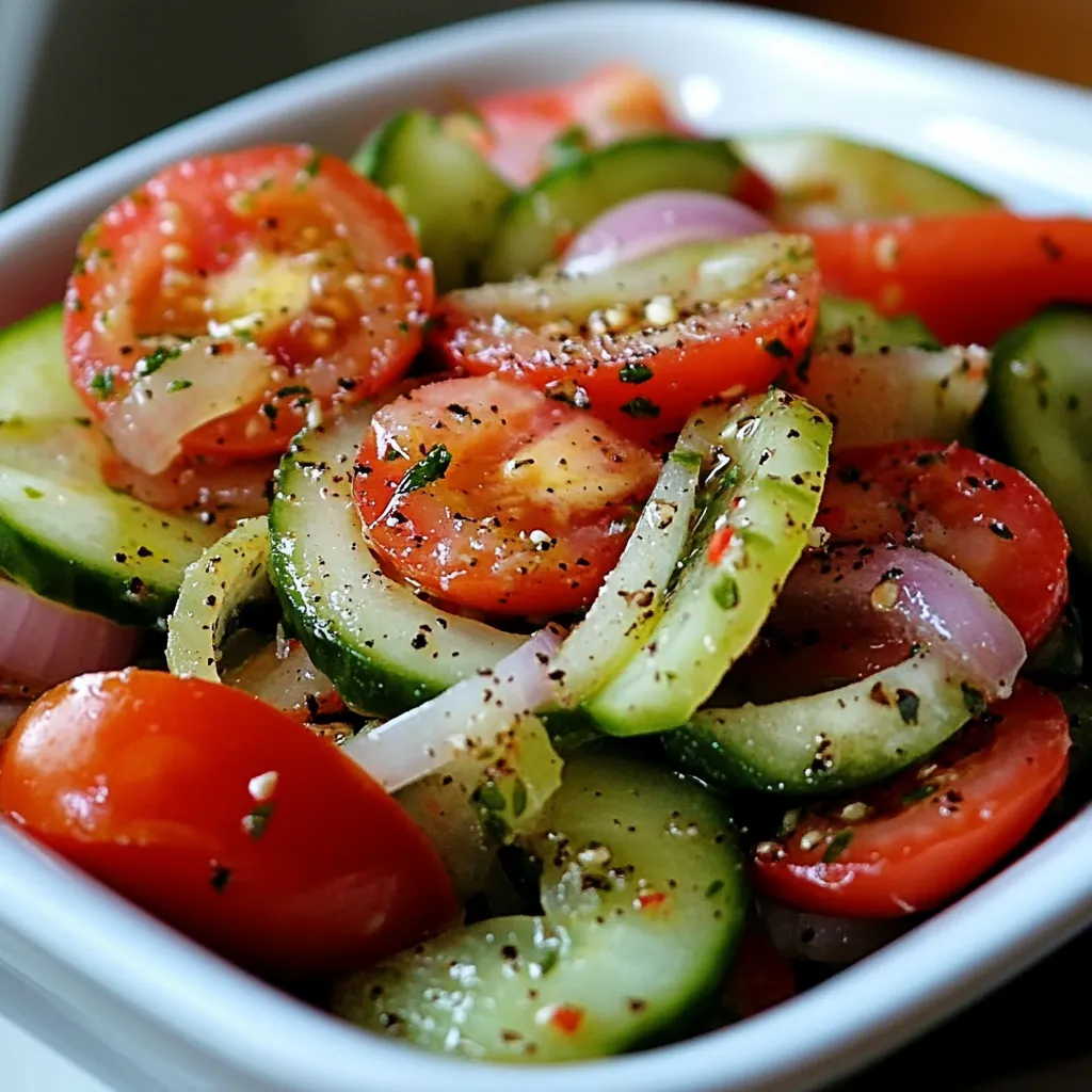 Ensalada de pepino, cebolla morada y tomate servida fría