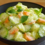 Ensalada de pepino servida en bol blanco con salsa de yogur y eneldo espolvoreado