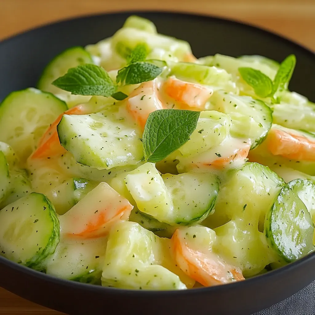 Ensalada de pepino servida en bol blanco con salsa de yogur y eneldo espolvoreado