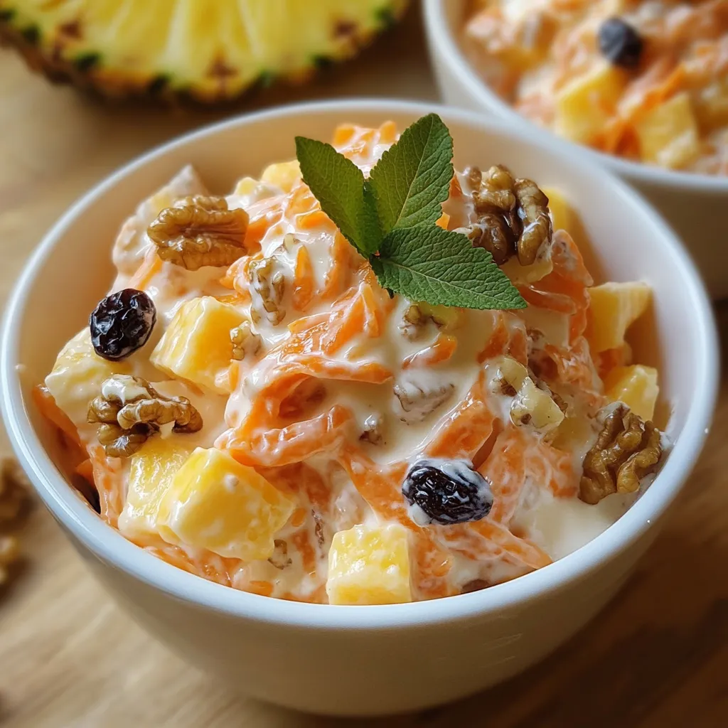 Ensalada de zanahorias y manzana con yogur servida fría en un bol blanco
