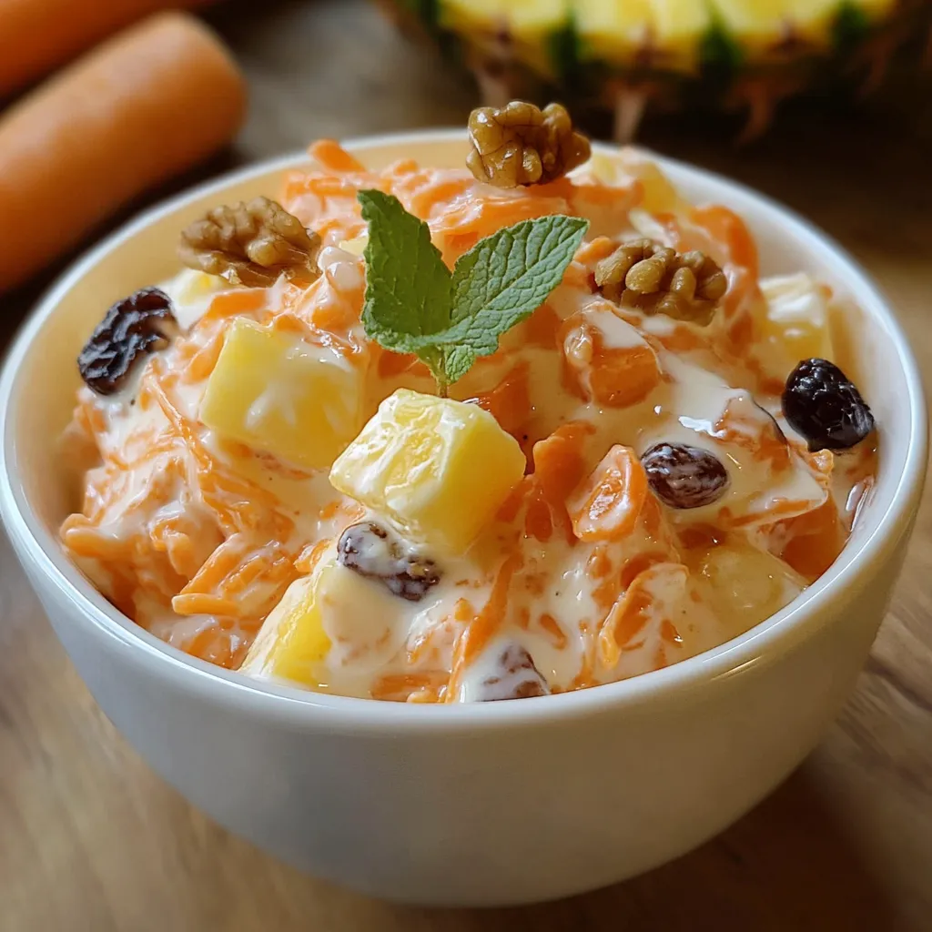 Ensalada de zanahorias y manzana con yogur servida fría en un bol blanco