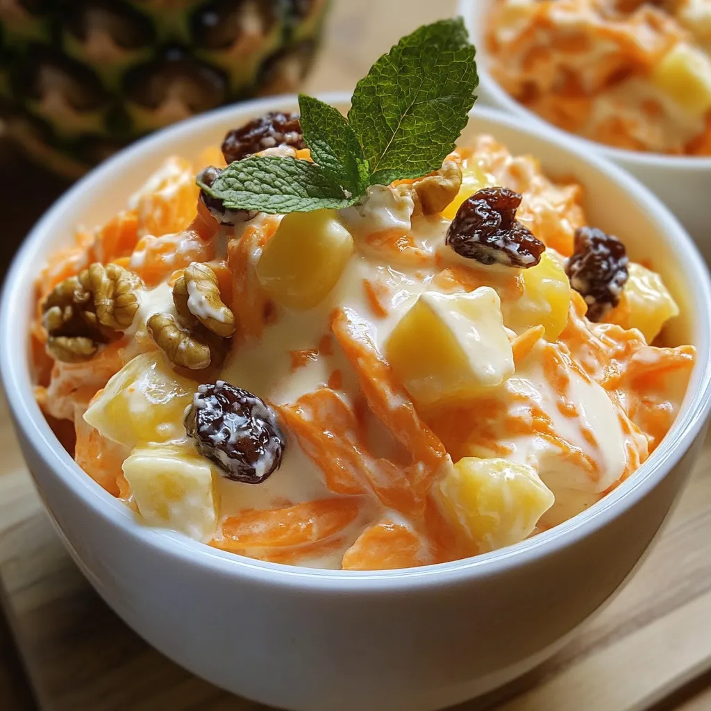 Ensalada de zanahorias y manzana con yogur servida fría en un bol blanco