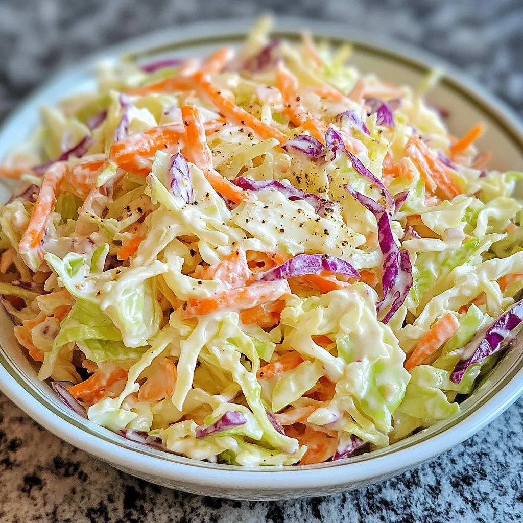 Ensalada de col estilo KFC casera en un bol de vidrio, servida sobre una mesa de madera