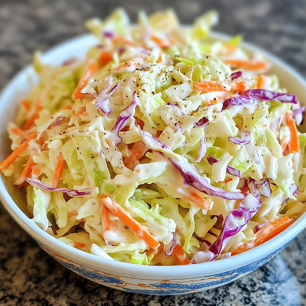 Ensalada de col estilo KFC casera en un bol de vidrio, servida sobre una mesa de madera
