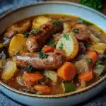 Plato de estofado de salchichas con verduras servido en cazuela rústica