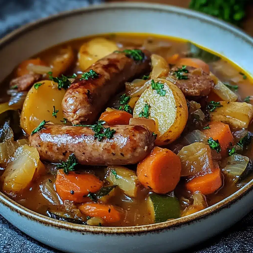Plato de estofado de salchichas con verduras servido en cazuela rústica