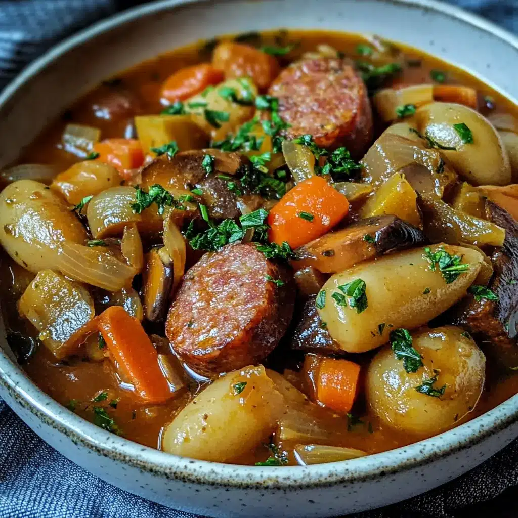 Plato de estofado de salchichas con verduras servido en cazuela rústica