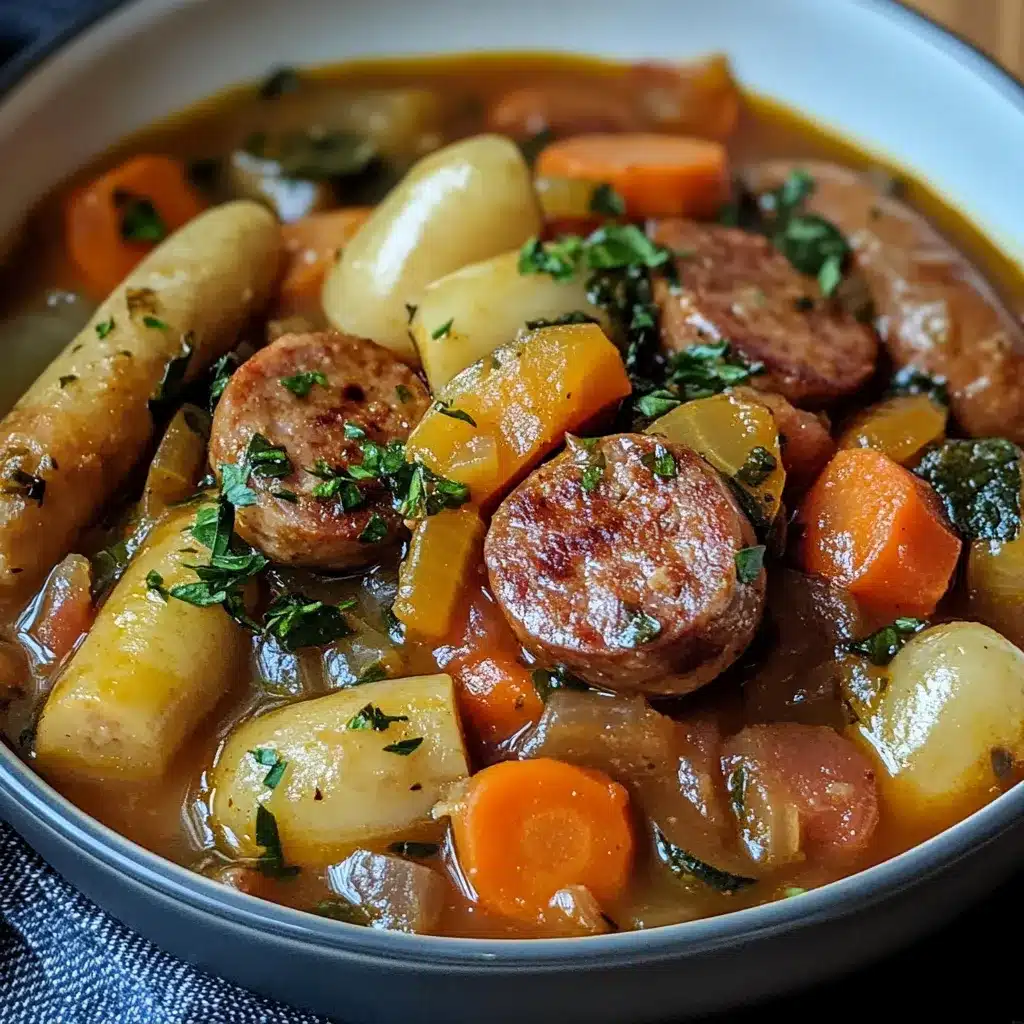 Plato de estofado de salchichas con verduras servido en cazuela rústica