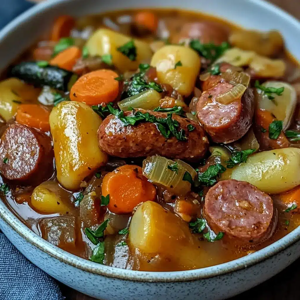 Plato de estofado de salchichas con verduras servido en cazuela rústica