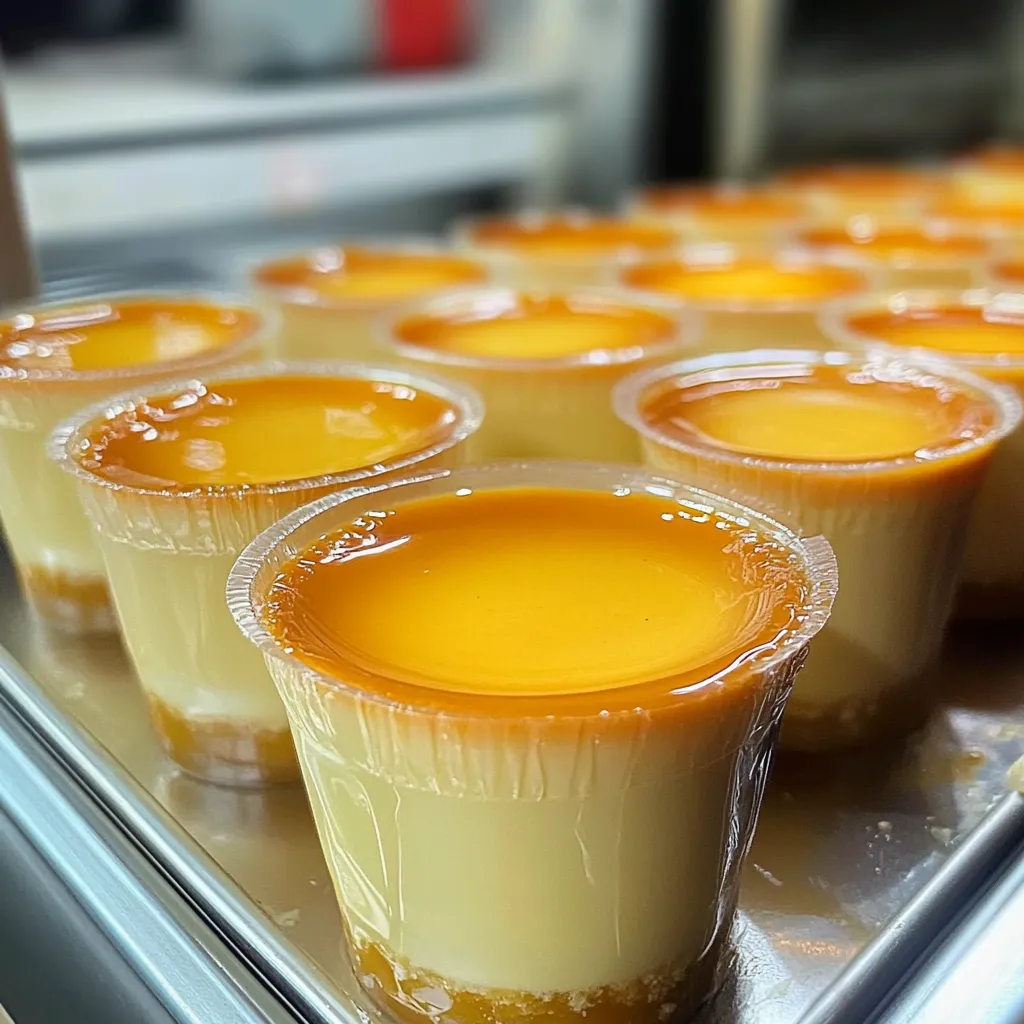Flan casero en vasitos desechables con caramelo, ideal para vender