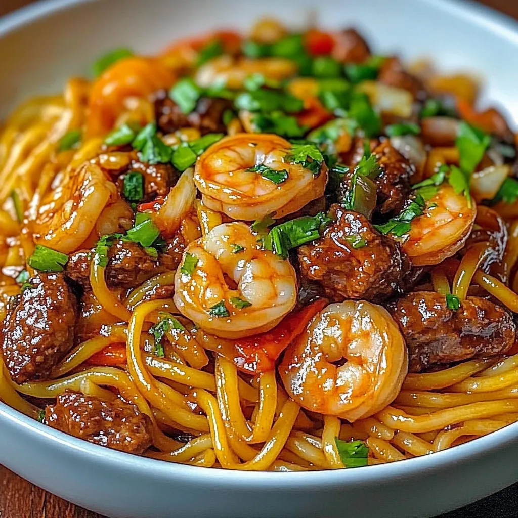 Plato de fideos salteados con carne, camarones y salsa de ajo con mantequilla, servido con cebollín fresco.