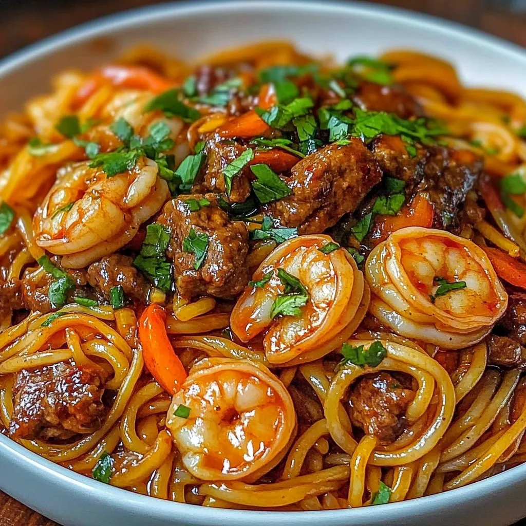 Plato de fideos salteados con carne, camarones y salsa de ajo con mantequilla, servido con cebollín fresco.