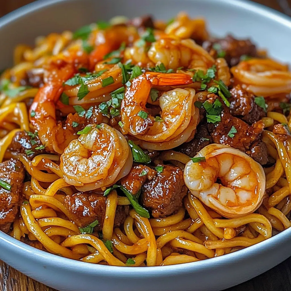 Plato de fideos salteados con carne, camarones y salsa de ajo con mantequilla, servido con cebollín fresco.