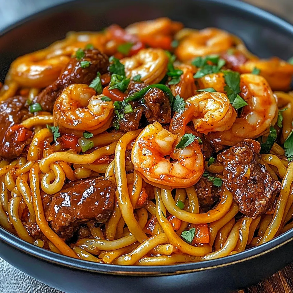 Plato de fideos salteados con carne, camarones y salsa de ajo con mantequilla, servido con cebollín fresco.