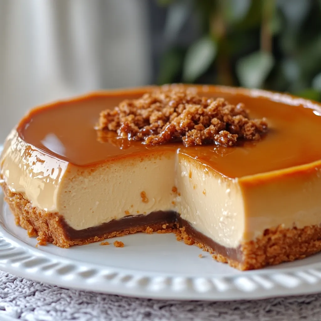 Flan de galletas María sin horno servido en un plato con caramelo brillante