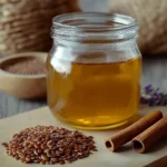Gel natural de linaza y canela en frasco de vidrio, ideal para dar brillo al cabello