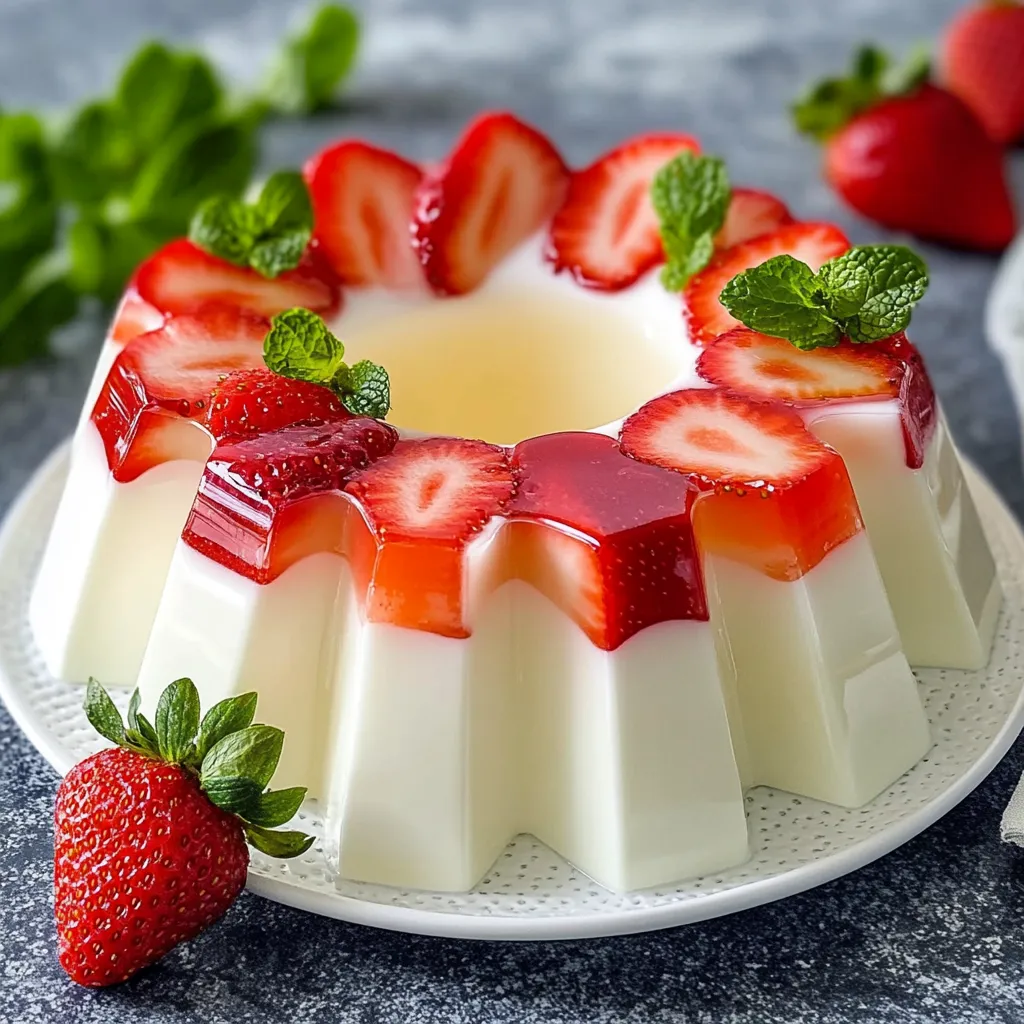 Gelatina de 3 leches con fresas en capas servida en plato blanco