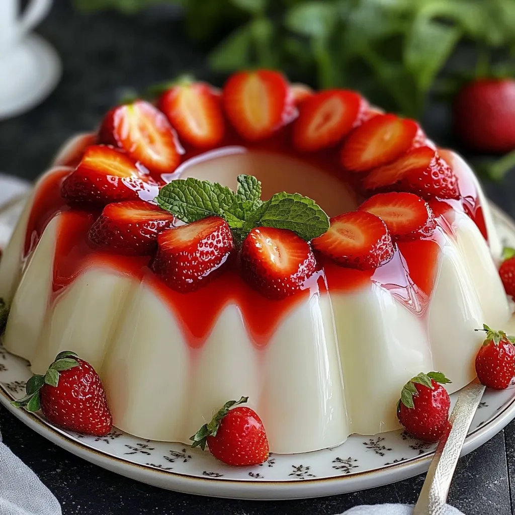 Gelatina de 3 leches con fresas en capas servida en plato blanco