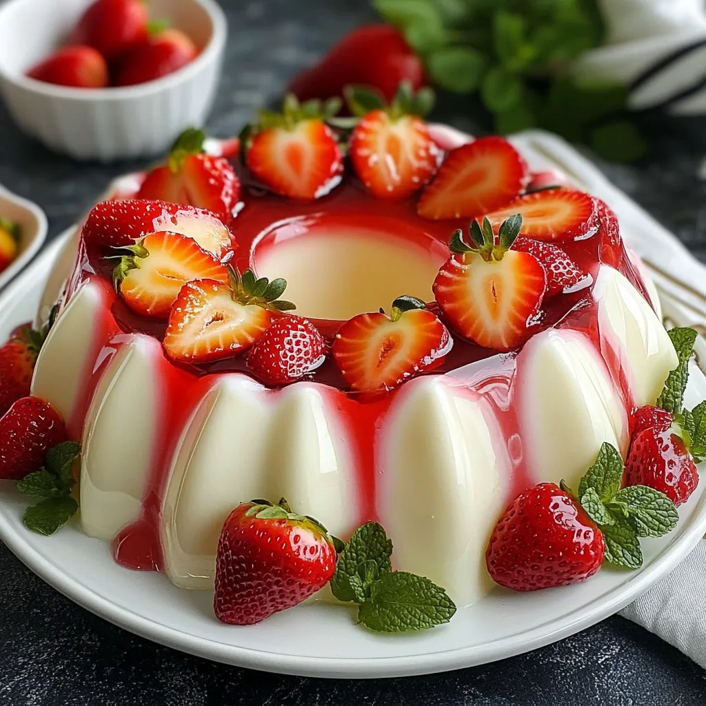 Gelatina de 3 leches con fresas en capas servida en plato blanco