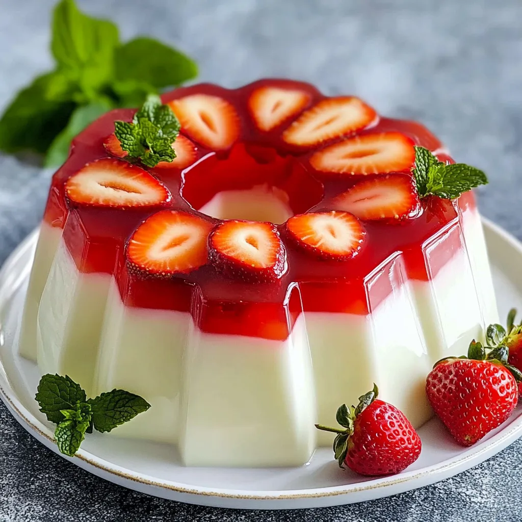Gelatina de 3 leches con fresas en capas servida en plato blanco