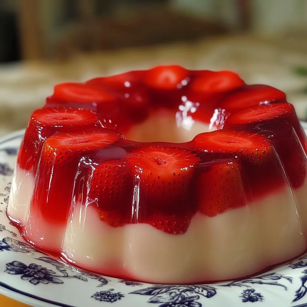 Gelatina de fresas naturales con capa de tres leches servida en molde decorativo