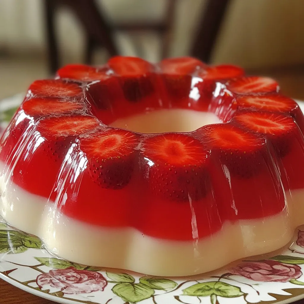 Gelatina de fresas naturales con capa de tres leches servida en molde decorativo