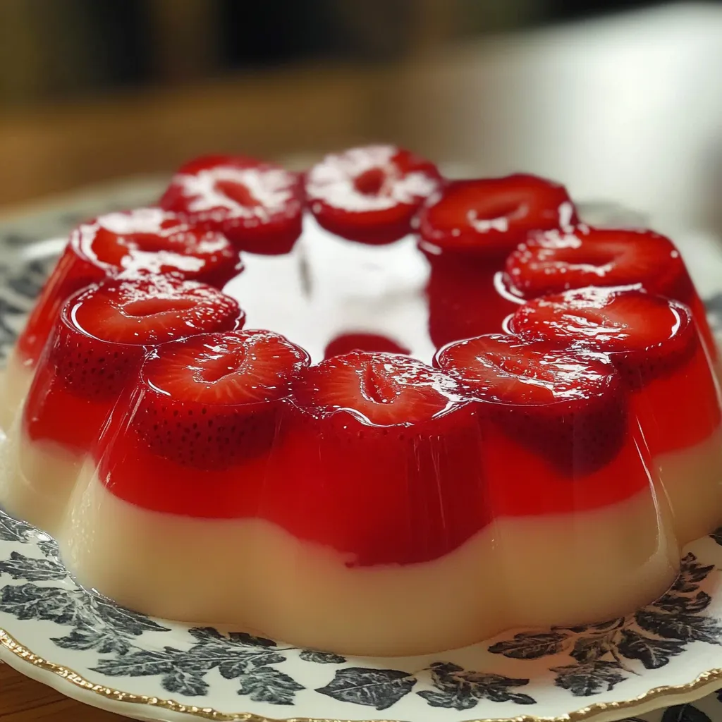 Gelatina de fresas naturales con capa de tres leches servida en molde decorativo