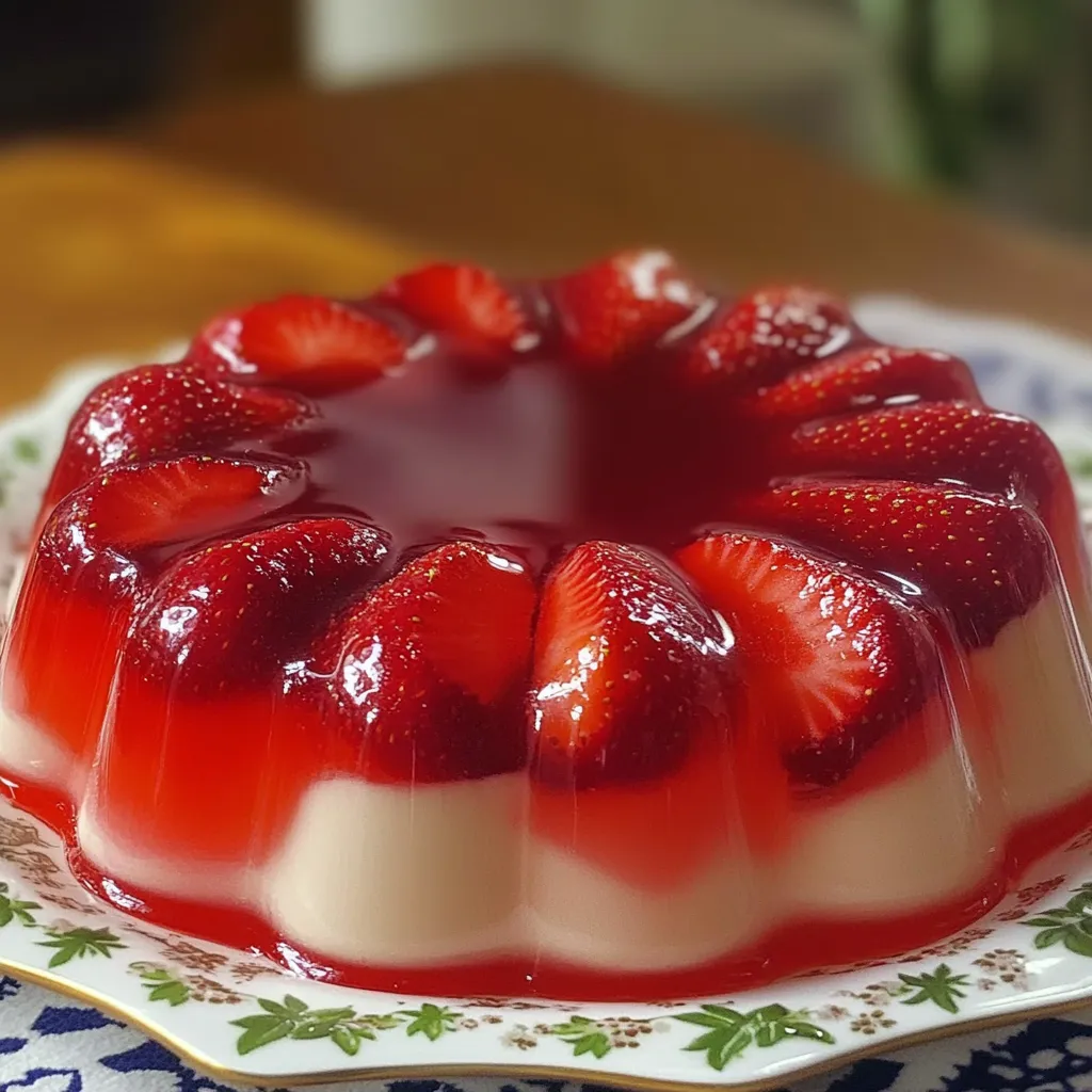 Gelatina de fresas naturales con capa de tres leches servida en molde decorativo