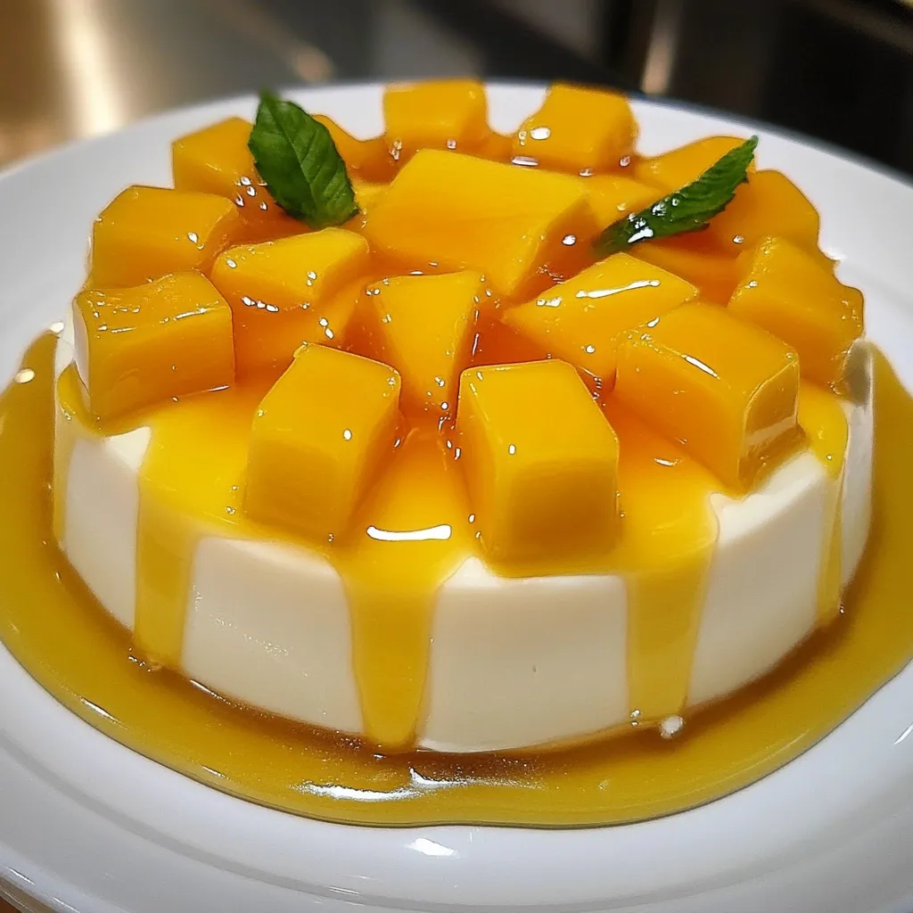 Gelatina de mango con queso crema servida en plato blanco, decorada con trozos de mango fresco.
