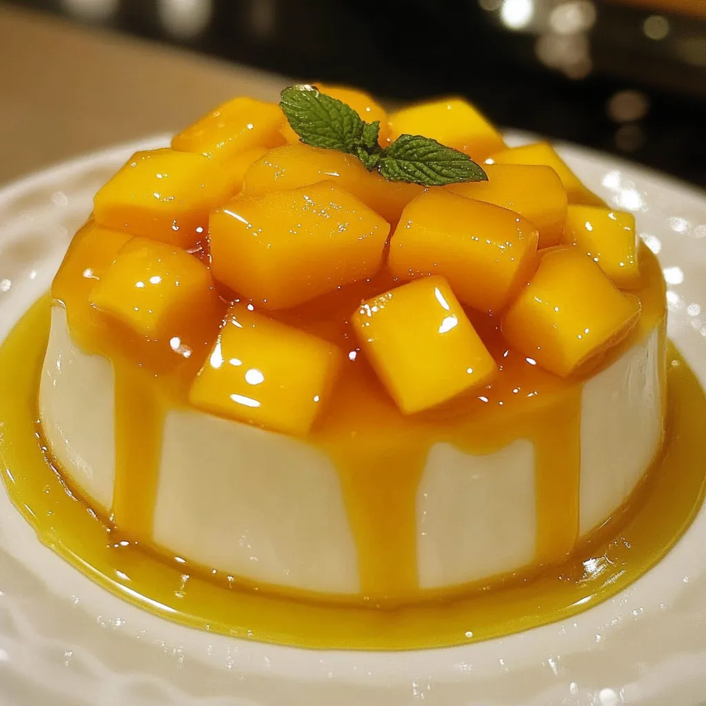 Gelatina de mango con queso crema servida en plato blanco, decorada con trozos de mango fresco.