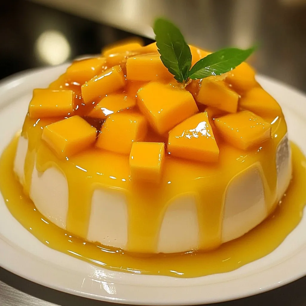 Gelatina de mango con queso crema servida en plato blanco, decorada con trozos de mango fresco.