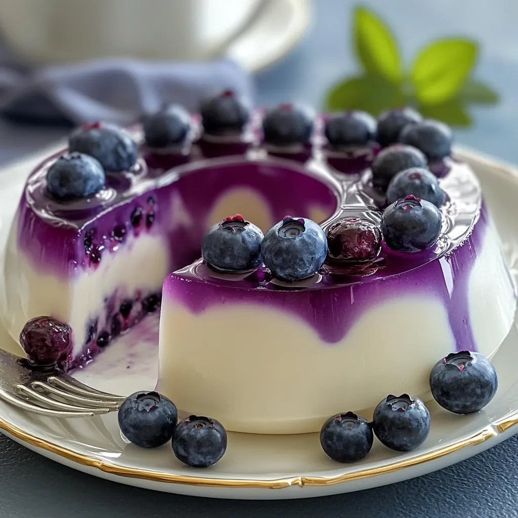 Gelatina casera de yogurt griego con arándanos en moldes individuales decorada con fruta fresca.
