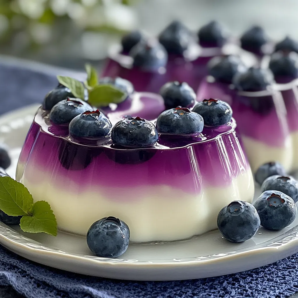 Gelatina casera de yogurt griego con arándanos en moldes individuales decorada con fruta fresca.