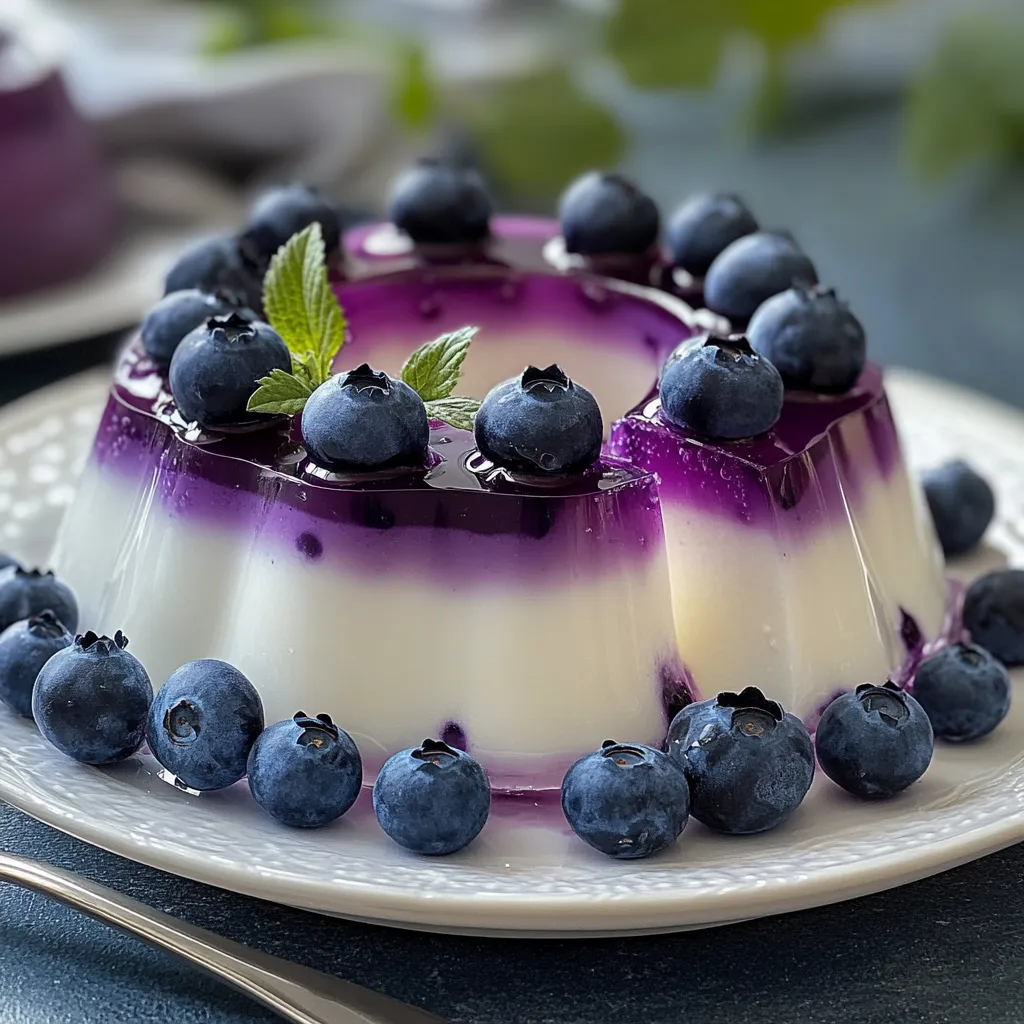 Gelatina casera de yogurt griego con arándanos en moldes individuales decorada con fruta fresca.