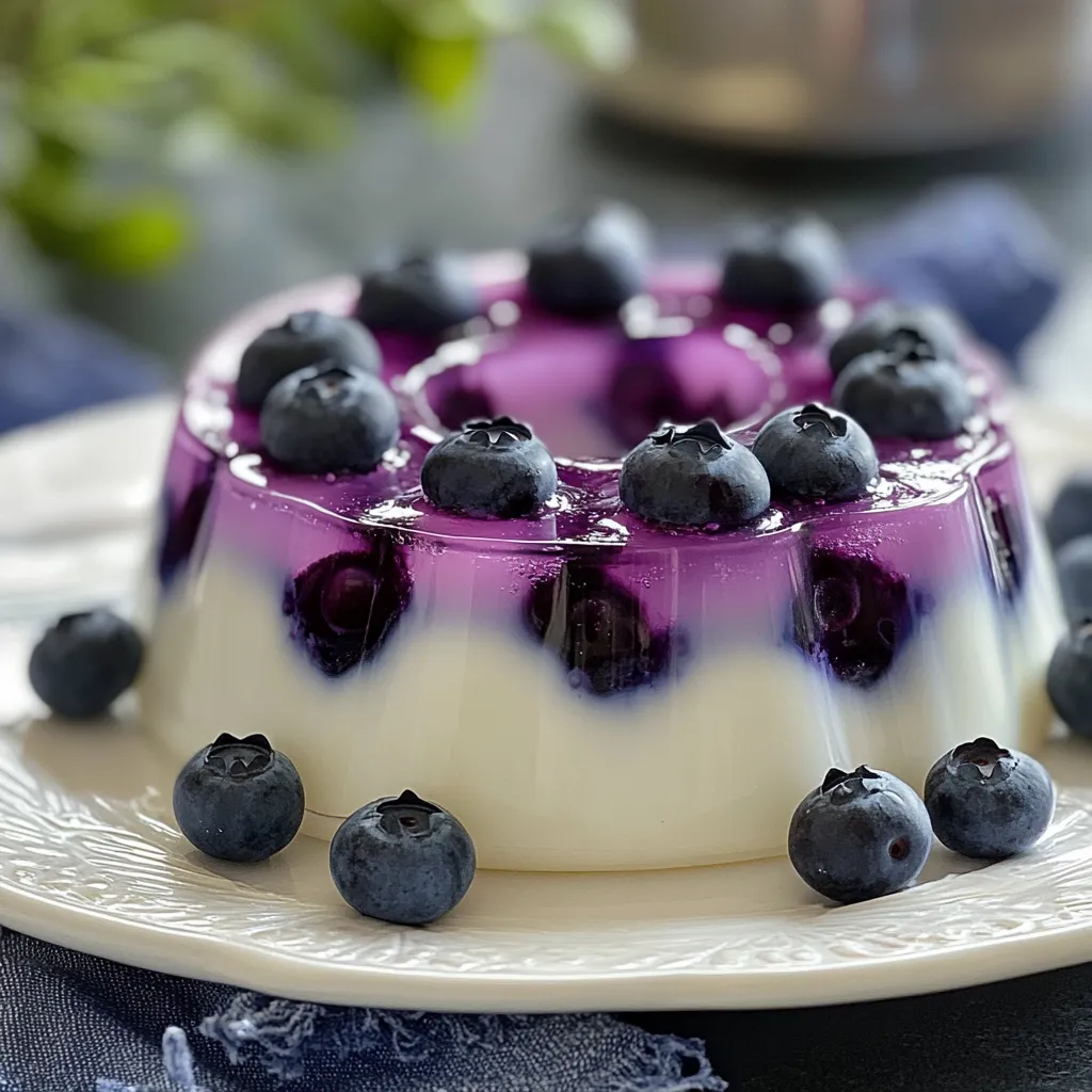 Gelatina casera de yogurt griego con arándanos en moldes individuales decorada con fruta fresca.