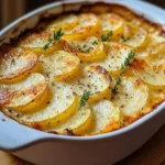 Gratinado de papas al horno con queso parmesano dorado y capas de papas cremosas