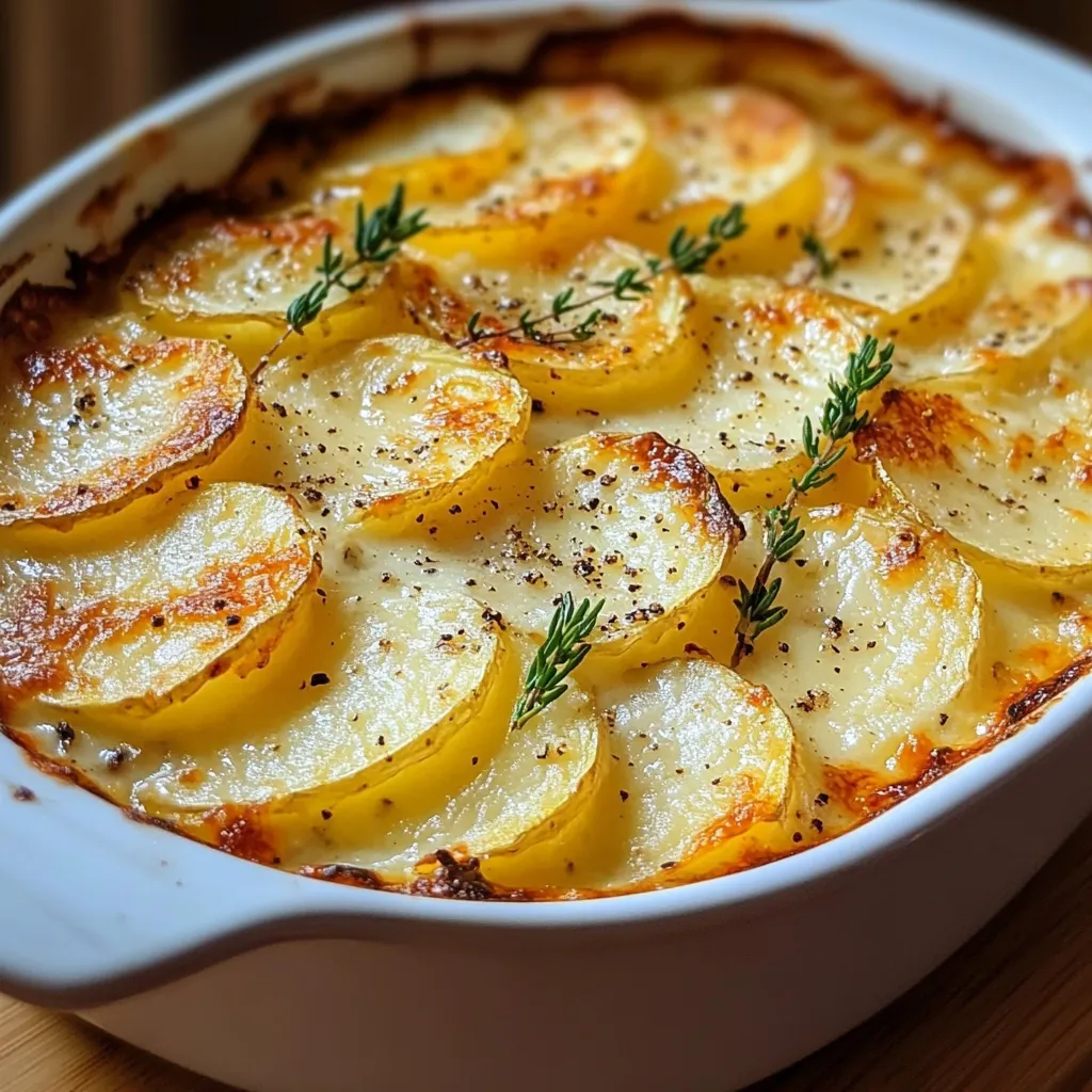 Gratinado de papas al horno con queso parmesano dorado y capas de papas cremosas