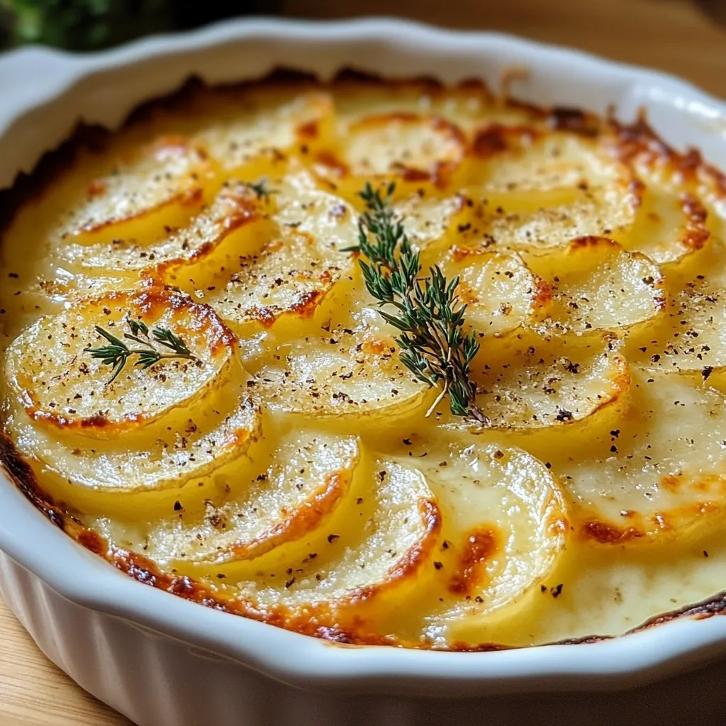 Gratinado de papas al horno con queso parmesano dorado y capas de papas cremosas