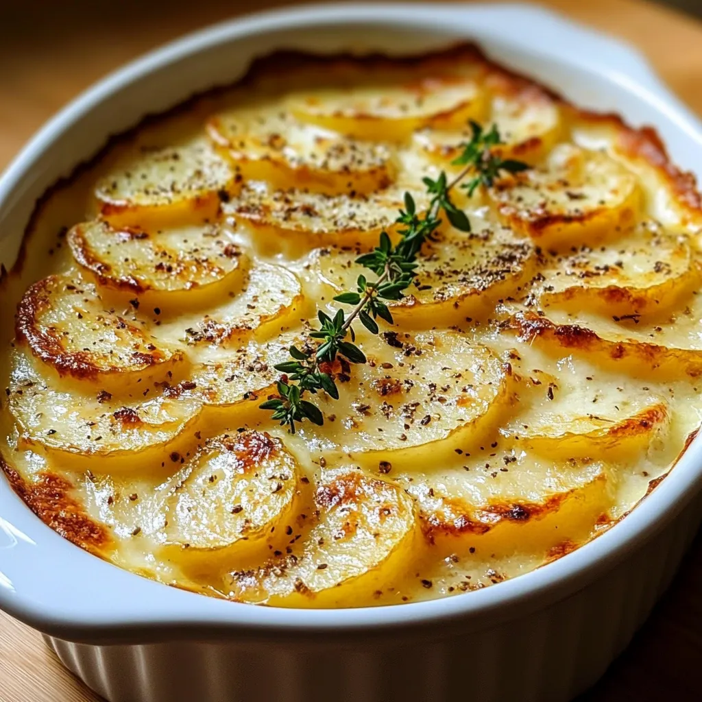Gratinado de papas al horno con queso parmesano dorado y capas de papas cremosas