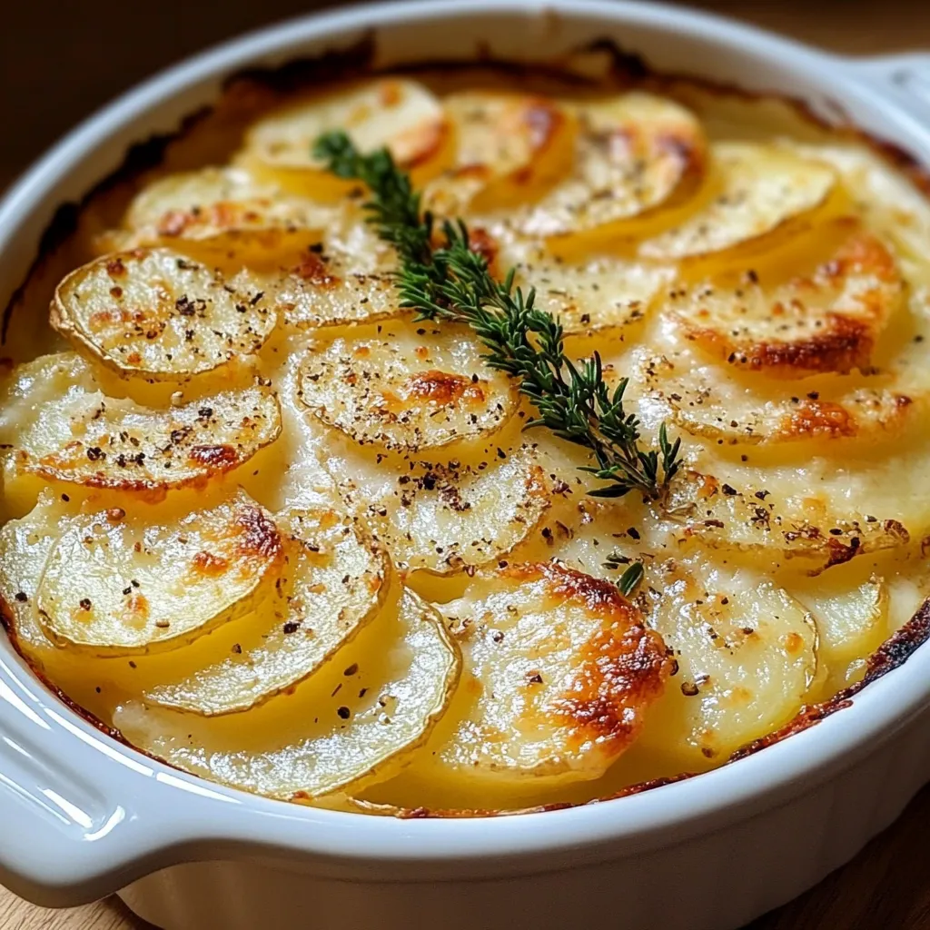 Gratinado de papas al horno con queso parmesano dorado y capas de papas cremosas
