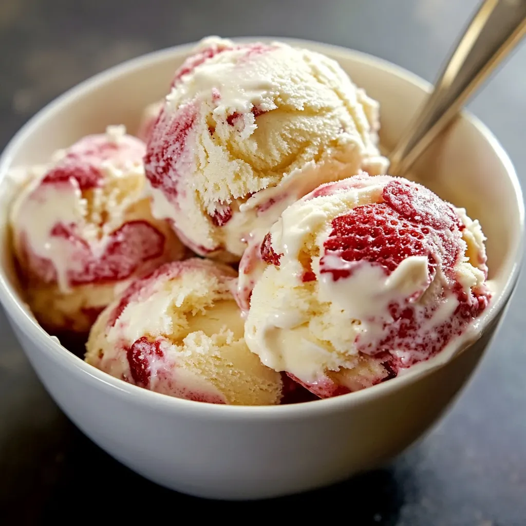 Helado casero de fresa y vainilla servido en copa, con efecto marmoleado