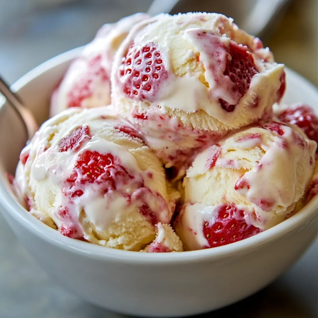 Helado casero de fresa y vainilla servido en copa, con efecto marmoleado